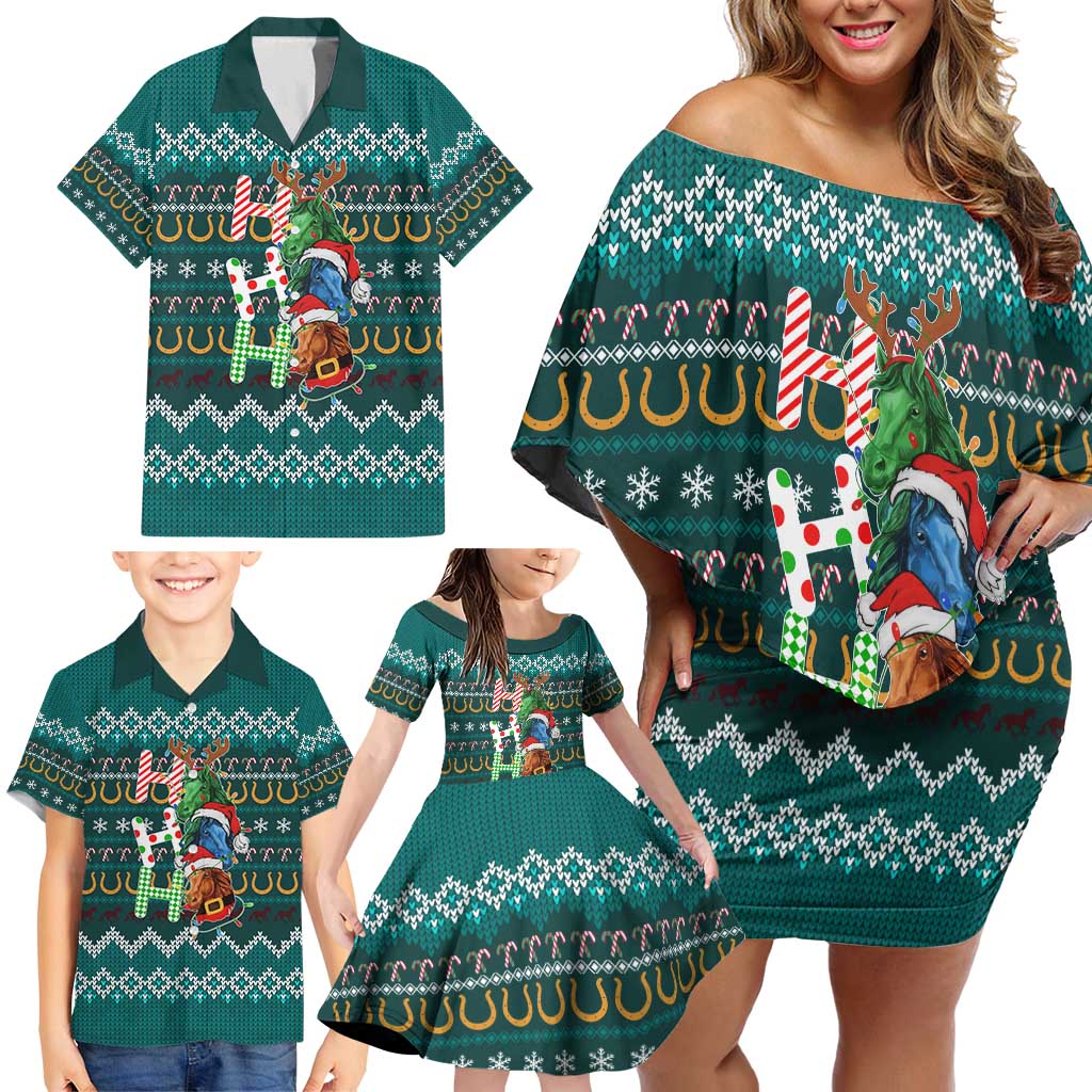 Horse Ho Ho Ho Christmas Design Family Matching Off Shoulder Short Dress and Hawaiian Shirt Funny Xmas Holiday Patterns - Wonder Print Shop
