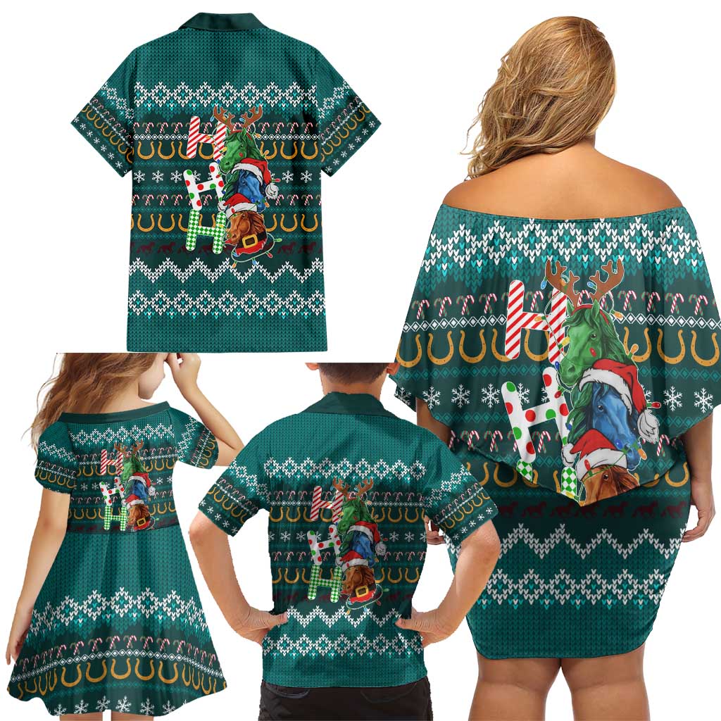 Horse Ho Ho Ho Christmas Design Family Matching Off Shoulder Short Dress and Hawaiian Shirt Funny Xmas Holiday Patterns - Wonder Print Shop
