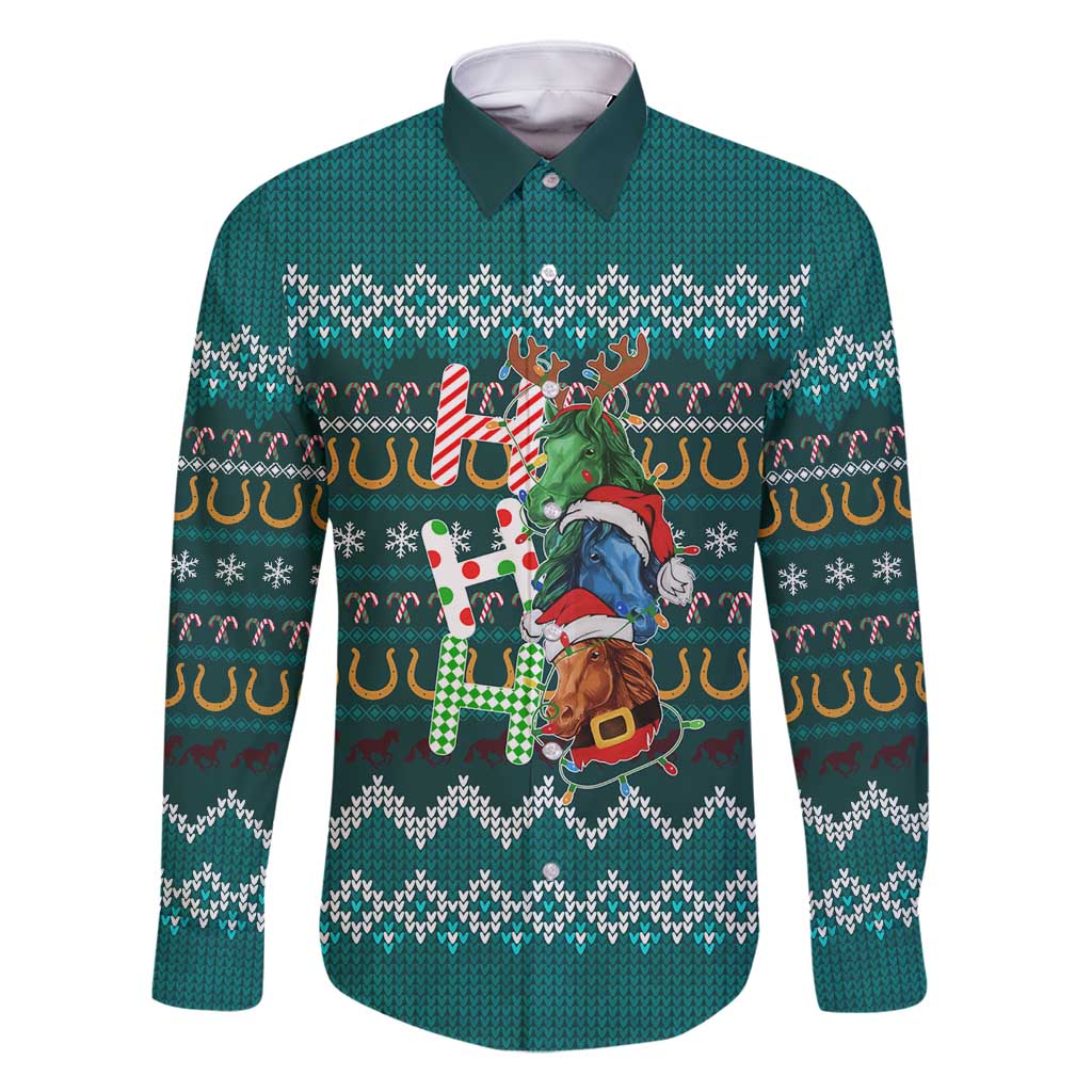 Horse Ho Ho Ho Christmas Design Family Matching Off Shoulder Short Dress and Hawaiian Shirt Funny Xmas Holiday Patterns - Wonder Print Shop