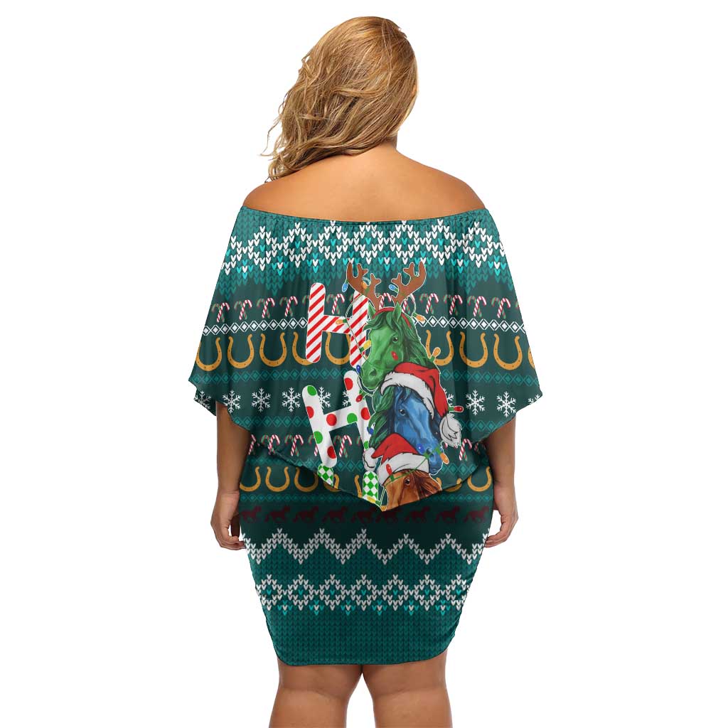 Horse Ho Ho Ho Christmas Design Family Matching Off Shoulder Short Dress and Hawaiian Shirt Funny Xmas Holiday Patterns - Wonder Print Shop