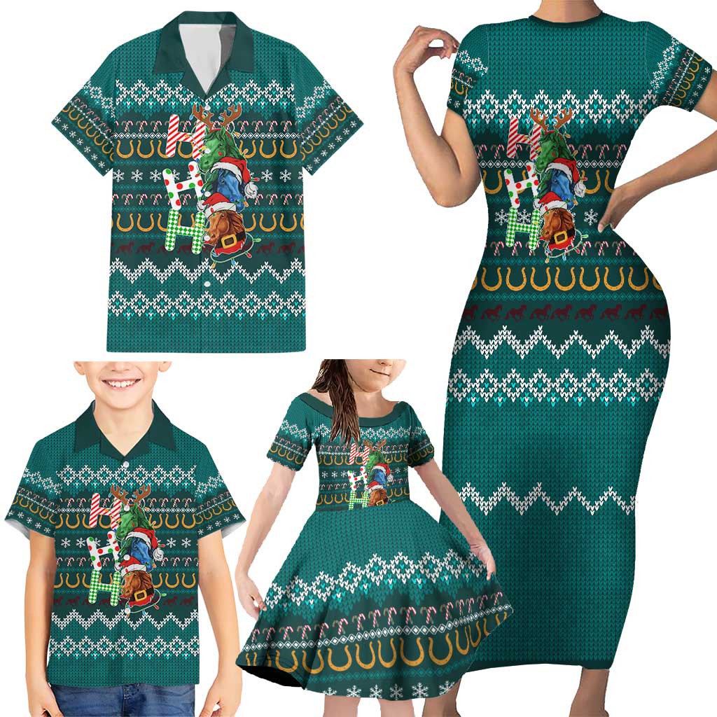 Horse Ho Ho Ho Christmas Design Family Matching Short Sleeve Bodycon Dress and Hawaiian Shirt Funny Xmas Holiday Patterns - Wonder Print Shop