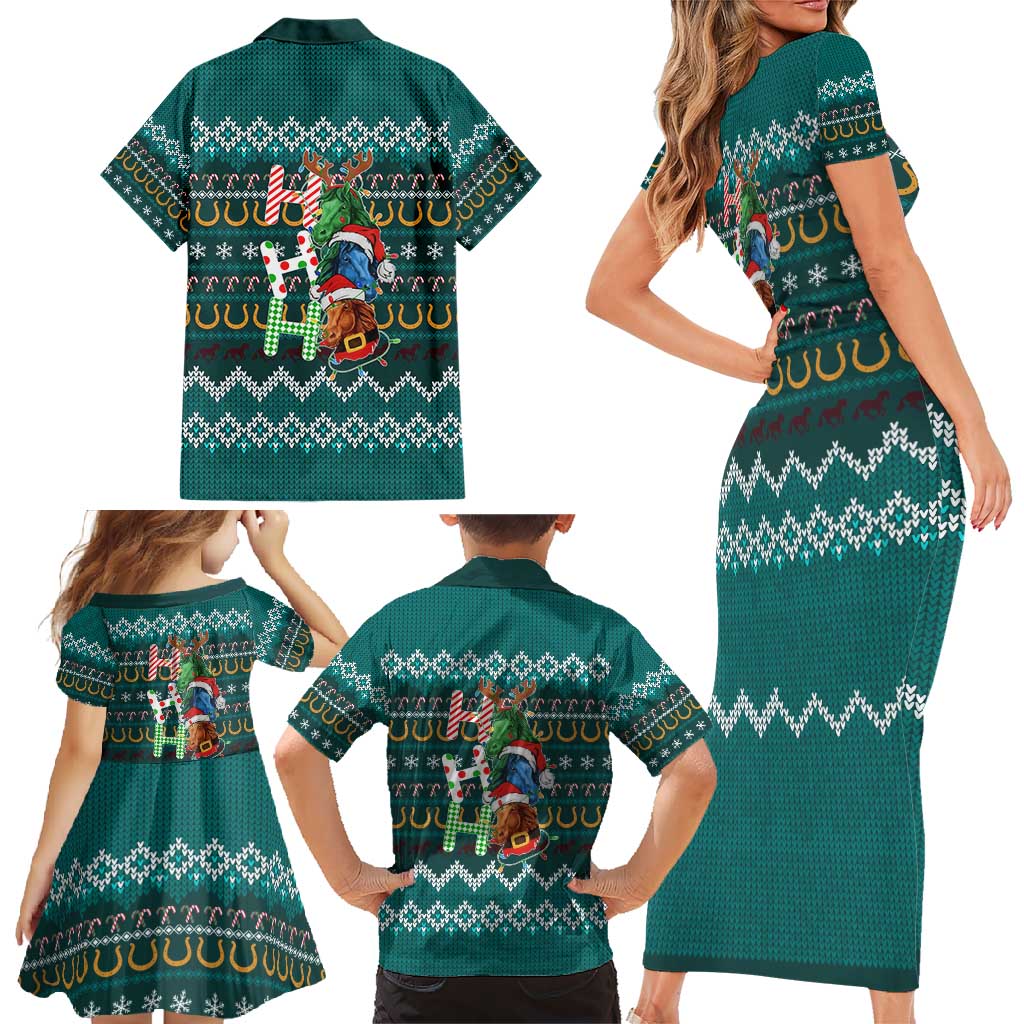 Horse Ho Ho Ho Christmas Design Family Matching Short Sleeve Bodycon Dress and Hawaiian Shirt Funny Xmas Holiday Patterns - Wonder Print Shop