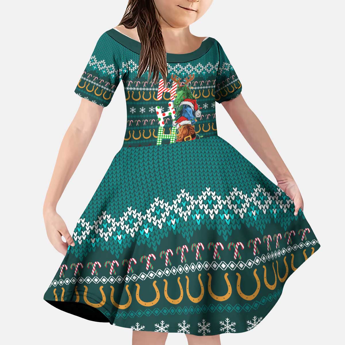 Horse Ho Ho Ho Christmas Design Kid Short Sleeve Dress Funny Xmas Holiday Patterns - Wonder Print Shop