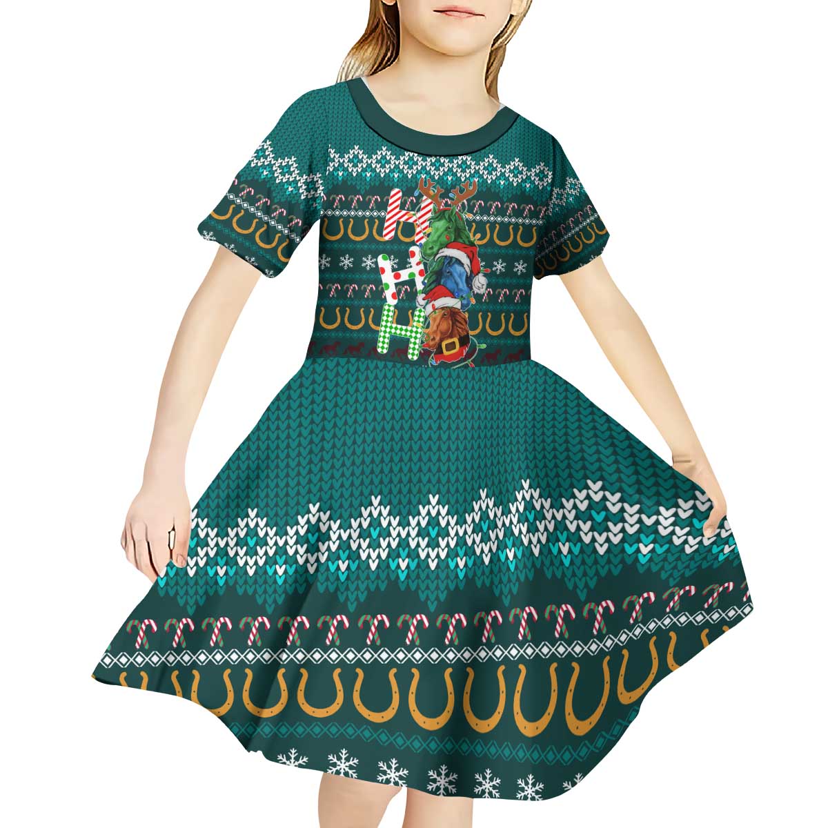 Horse Ho Ho Ho Christmas Design Kid Short Sleeve Dress Funny Xmas Holiday Patterns - Wonder Print Shop