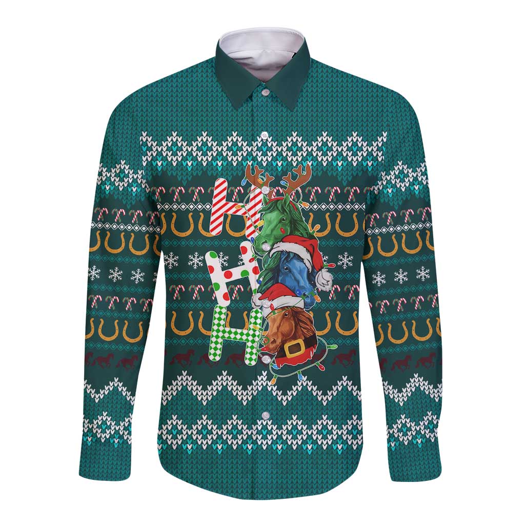 Horse Ho Ho Ho Christmas Design Long Sleeve Button Shirt Funny Xmas Holiday Patterns - Wonder Print Shop