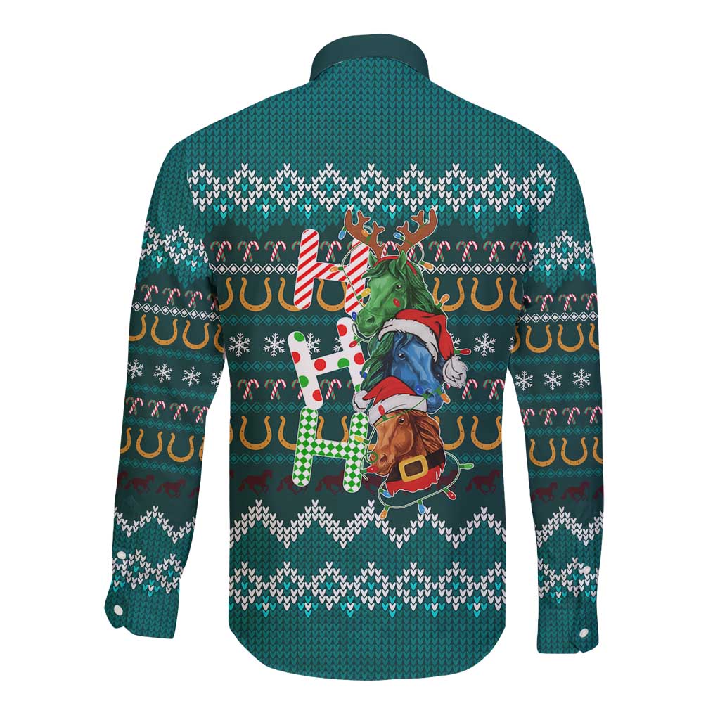 Horse Ho Ho Ho Christmas Design Long Sleeve Button Shirt Funny Xmas Holiday Patterns - Wonder Print Shop
