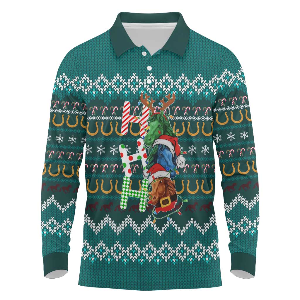 Horse Ho Ho Ho Christmas Design Long Sleeve Polo Shirt Funny Xmas Holiday Patterns - Wonder Print Shop