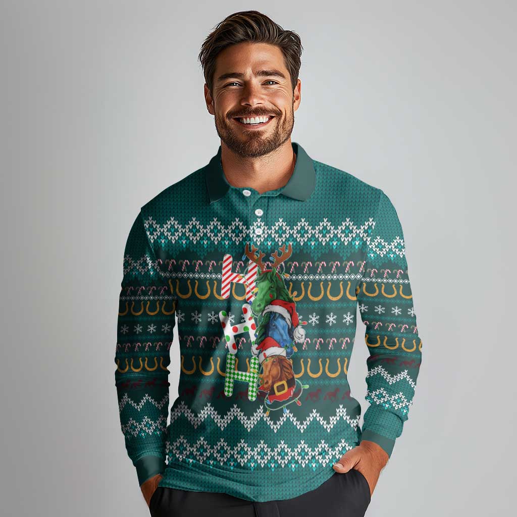 Horse Ho Ho Ho Christmas Design Long Sleeve Polo Shirt Funny Xmas Holiday Patterns - Wonder Print Shop
