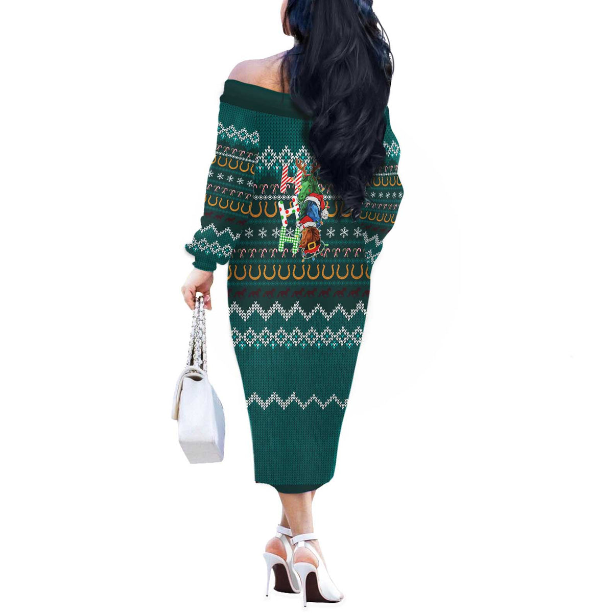 Horse Ho Ho Ho Christmas Design Off The Shoulder Long Sleeve Dress Funny Xmas Holiday Patterns - Wonder Print Shop