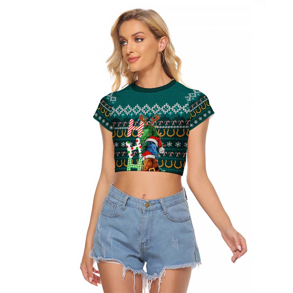 Horse Ho Ho Ho Christmas Design Raglan Cropped T Shirt Funny Xmas Holiday Patterns - Wonder Print Shop