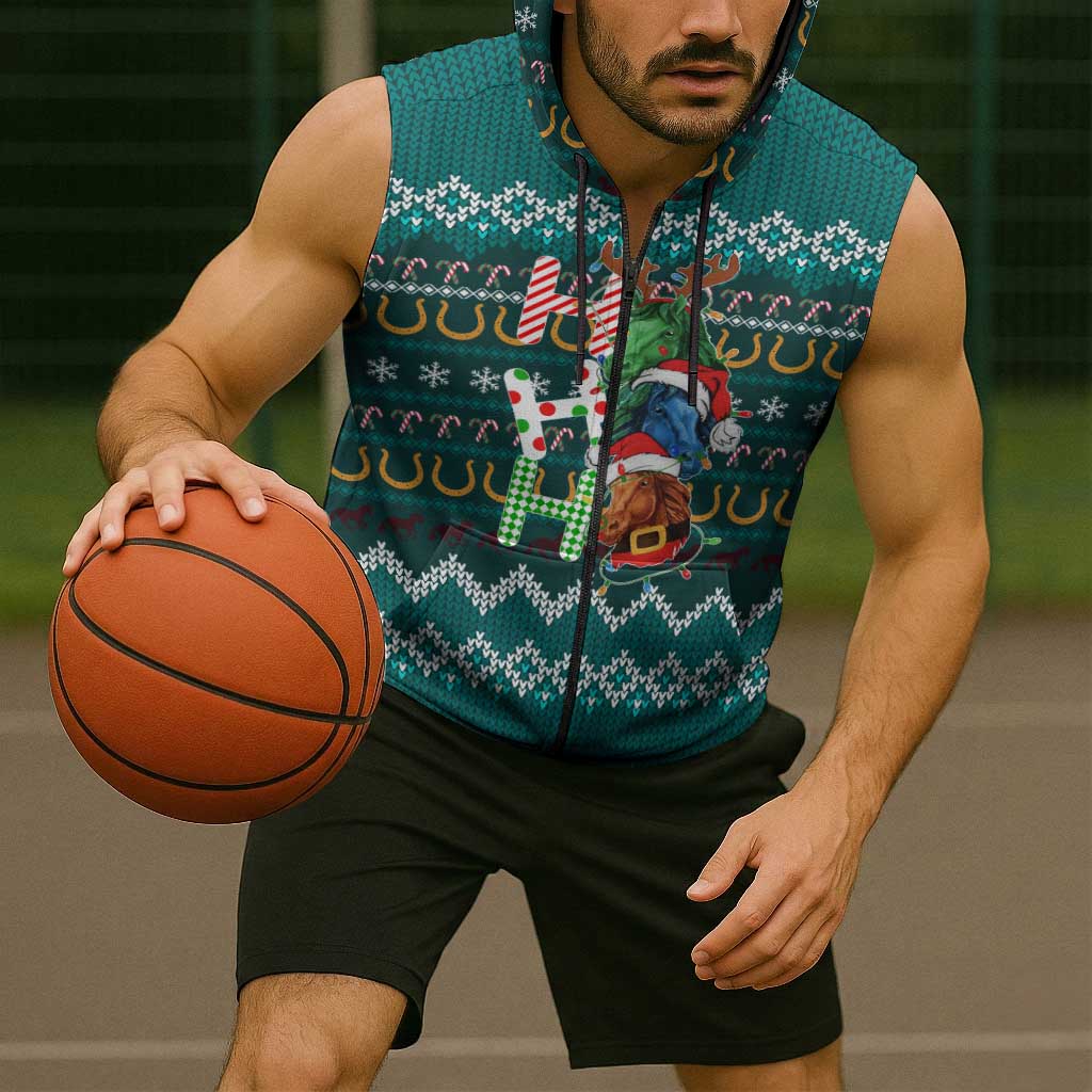 Horse Ho Ho Ho Christmas Design Sleeveless Zip Hoodie Funny Xmas Holiday Patterns - Wonder Print Shop