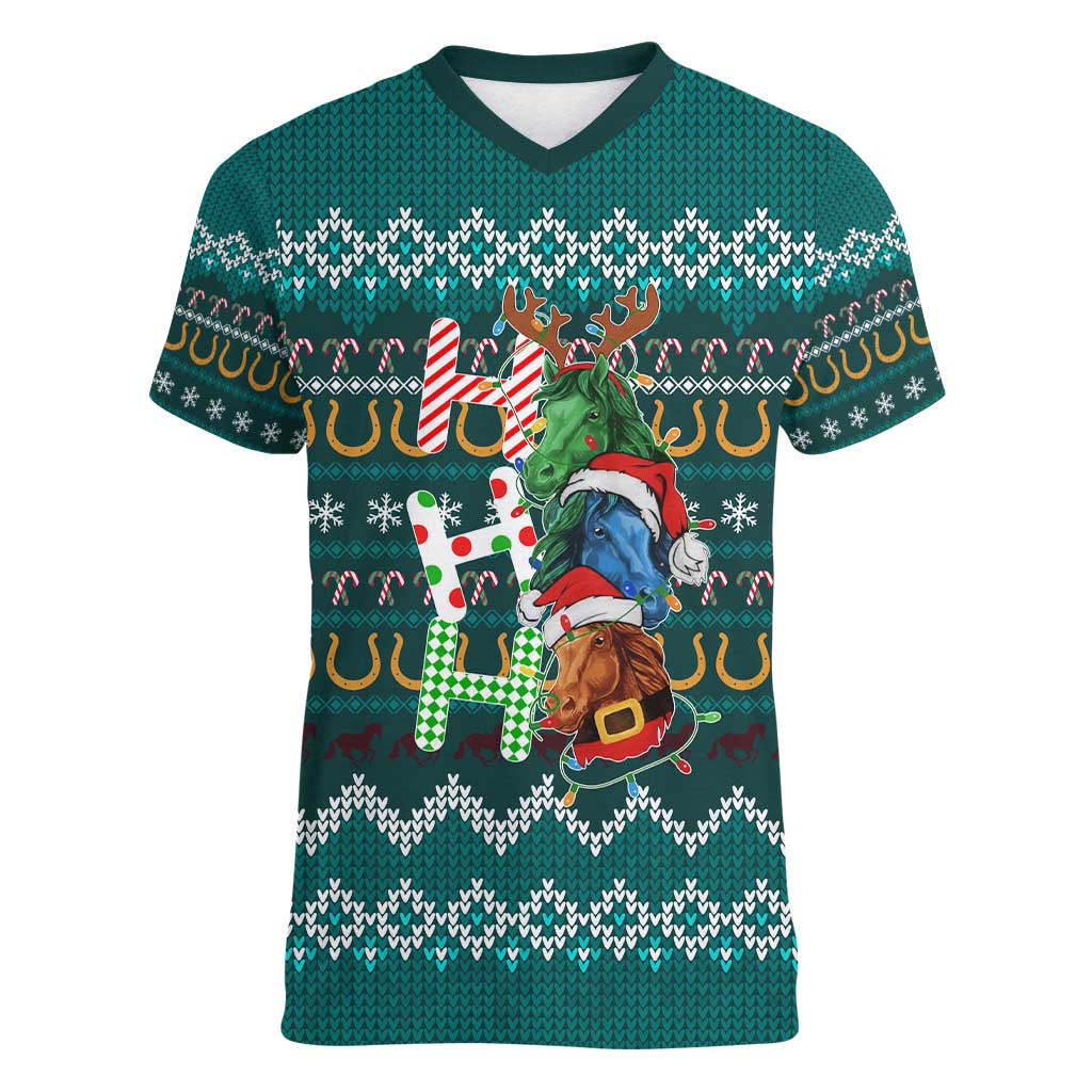 Horse Ho Ho Ho Christmas Design Women V-Neck T-Shirt Funny Xmas Holiday Patterns - Wonder Print Shop