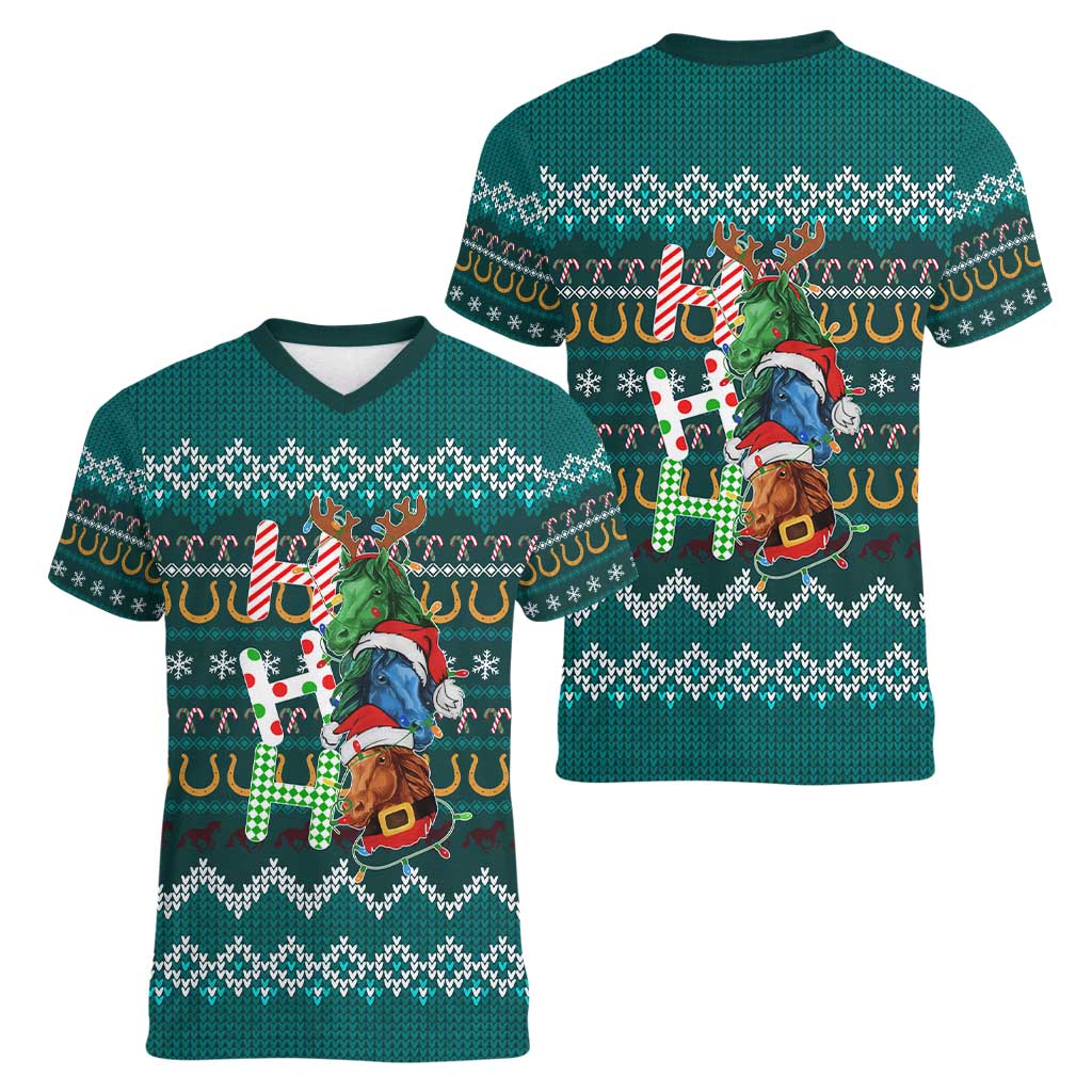 Horse Ho Ho Ho Christmas Design Women V-Neck T-Shirt Funny Xmas Holiday Patterns - Wonder Print Shop