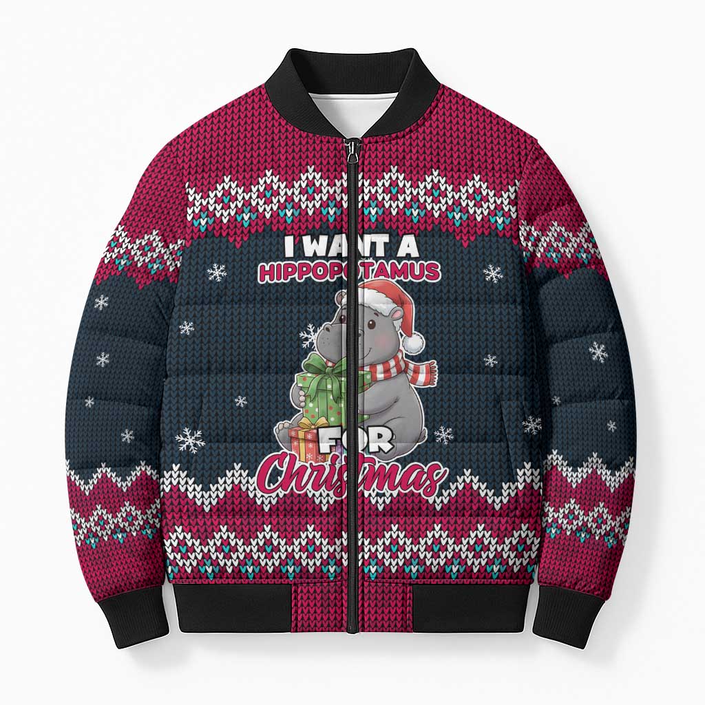 I Want A Hippopotamus Christmas Design Bomber Puffer Jacket Xmas Holiday Patterns - Wonder Print Shop
