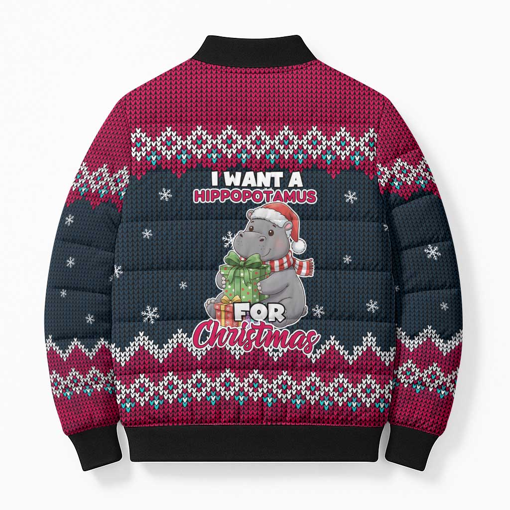 I Want A Hippopotamus Christmas Design Bomber Puffer Jacket Xmas Holiday Patterns - Wonder Print Shop