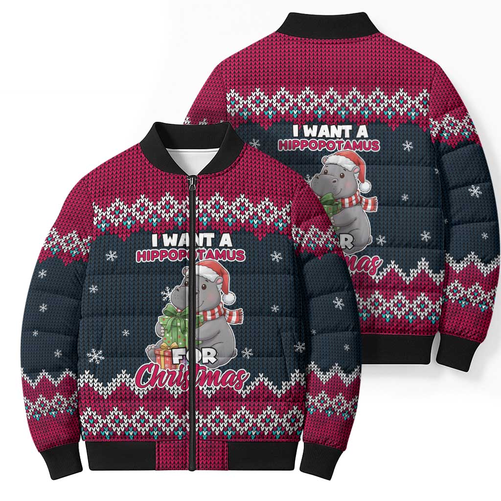 I Want A Hippopotamus Christmas Design Bomber Puffer Jacket Xmas Holiday Patterns - Wonder Print Shop