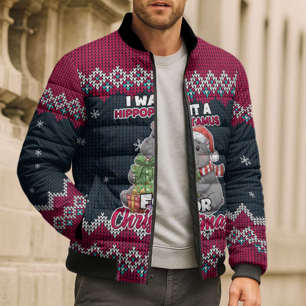 I Want A Hippopotamus Christmas Design Bomber Puffer Jacket Xmas Holiday Patterns - Wonder Print Shop
