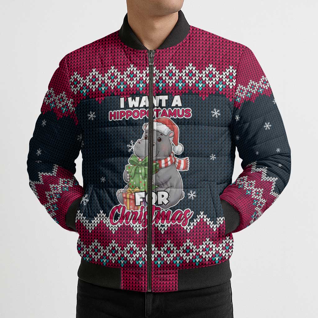 I Want A Hippopotamus Christmas Design Bomber Puffer Jacket Xmas Holiday Patterns - Wonder Print Shop