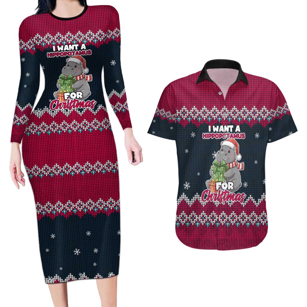 I Want A Hippopotamus Christmas Design Couples Matching Long Sleeve Bodycon Dress and Hawaiian Shirt Xmas Holiday Patterns - Wonder Print Shop