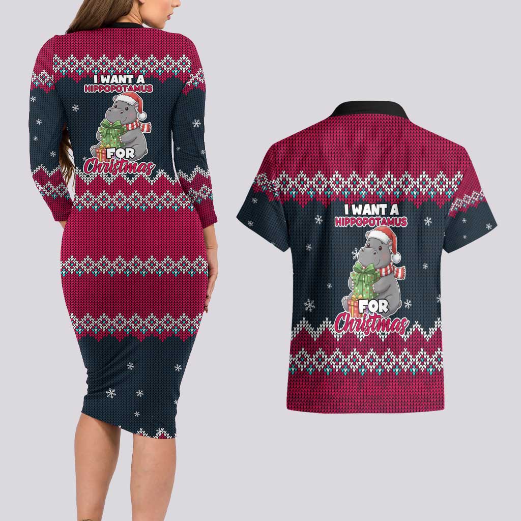 I Want A Hippopotamus Christmas Design Couples Matching Long Sleeve Bodycon Dress and Hawaiian Shirt Xmas Holiday Patterns - Wonder Print Shop