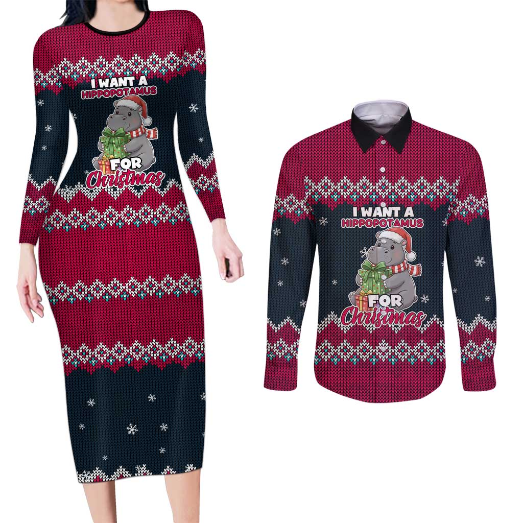 I Want A Hippopotamus Christmas Design Couples Matching Long Sleeve Bodycon Dress and Long Sleeve Button Shirt Xmas Holiday Patterns - Wonder Print Shop