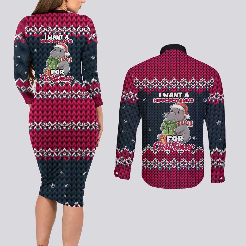 I Want A Hippopotamus Christmas Design Couples Matching Long Sleeve Bodycon Dress and Long Sleeve Button Shirt Xmas Holiday Patterns - Wonder Print Shop