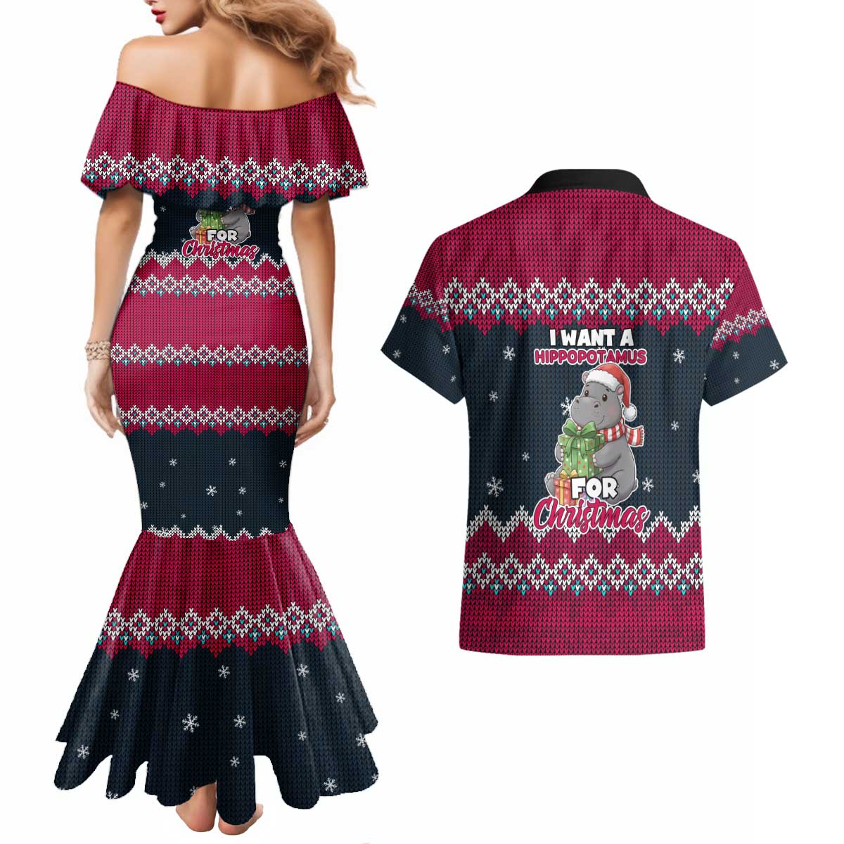 I Want A Hippopotamus Christmas Design Couples Matching Mermaid Dress and Hawaiian Shirt Xmas Holiday Patterns - Wonder Print Shop