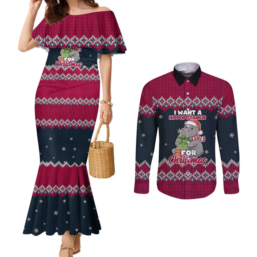 I Want A Hippopotamus Christmas Design Couples Matching Mermaid Dress and Long Sleeve Button Shirt Xmas Holiday Patterns - Wonder Print Shop