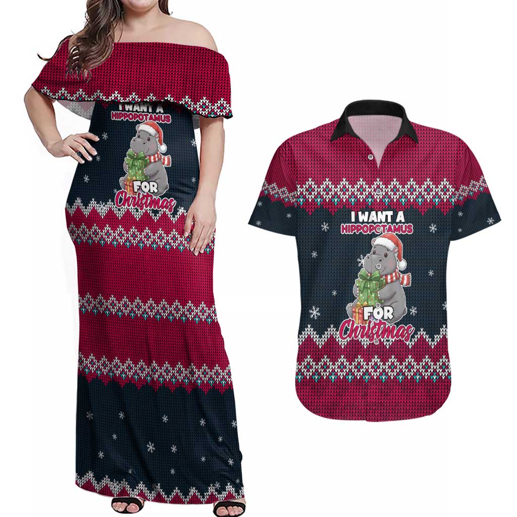 I Want A Hippopotamus Christmas Design Couples Matching Off Shoulder Maxi Dress and Hawaiian Shirt Xmas Holiday Patterns - Wonder Print Shop