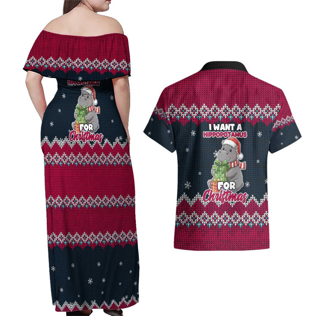 I Want A Hippopotamus Christmas Design Couples Matching Off Shoulder Maxi Dress and Hawaiian Shirt Xmas Holiday Patterns - Wonder Print Shop