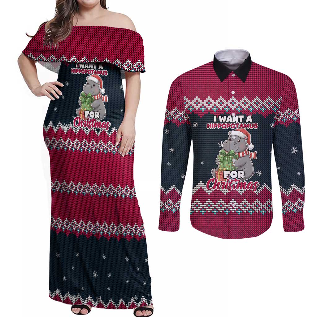 I Want A Hippopotamus Christmas Design Couples Matching Off Shoulder Maxi Dress and Long Sleeve Button Shirt Xmas Holiday Patterns - Wonder Print Shop