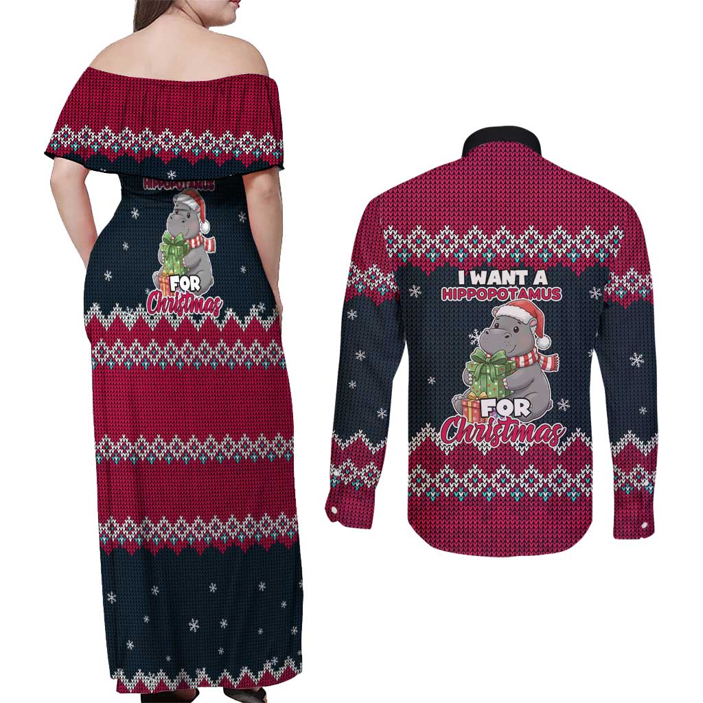 I Want A Hippopotamus Christmas Design Couples Matching Off Shoulder Maxi Dress and Long Sleeve Button Shirt Xmas Holiday Patterns - Wonder Print Shop