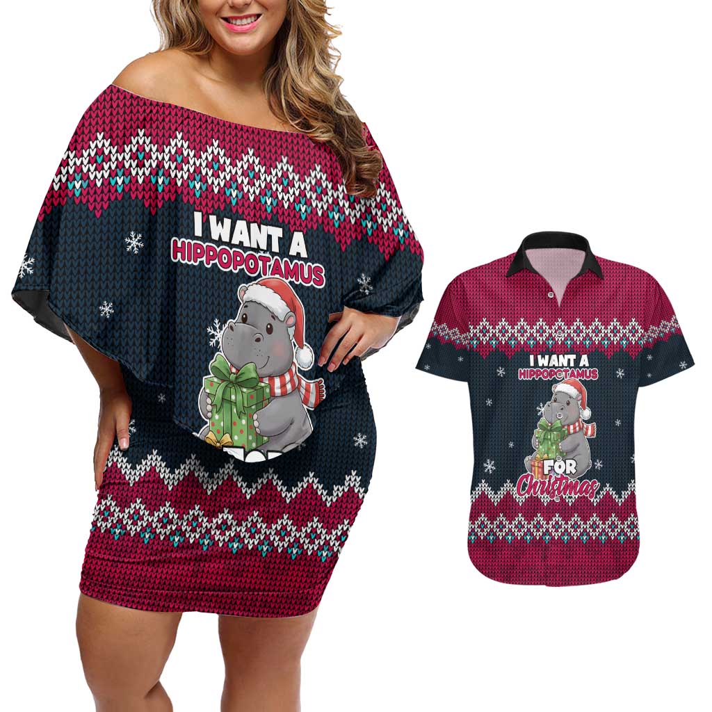I Want A Hippopotamus Christmas Design Couples Matching Off Shoulder Short Dress and Hawaiian Shirt Xmas Holiday Patterns - Wonder Print Shop