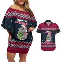 I Want A Hippopotamus Christmas Design Couples Matching Off Shoulder Short Dress and Hawaiian Shirt Xmas Holiday Patterns - Wonder Print Shop