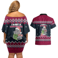 I Want A Hippopotamus Christmas Design Couples Matching Off Shoulder Short Dress and Hawaiian Shirt Xmas Holiday Patterns - Wonder Print Shop