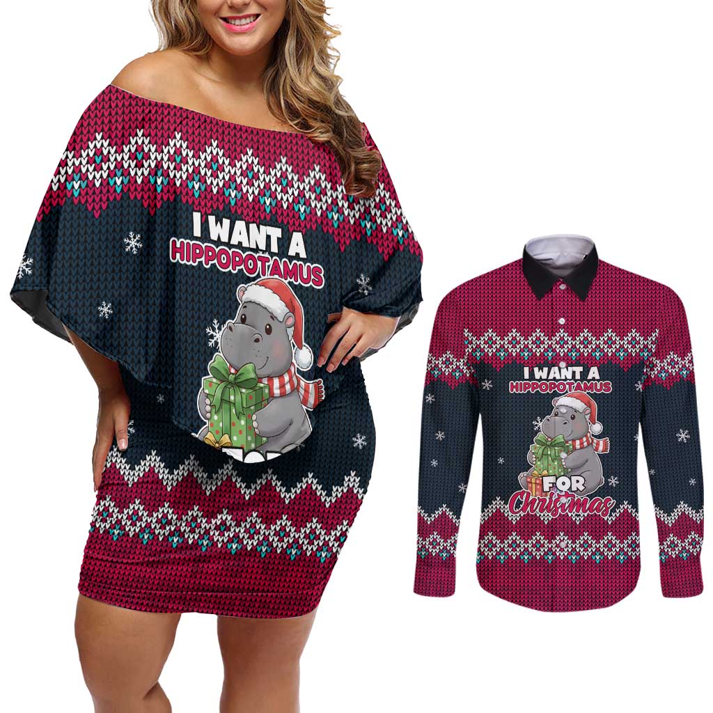 I Want A Hippopotamus Christmas Design Couples Matching Off Shoulder Short Dress and Long Sleeve Button Shirt Xmas Holiday Patterns - Wonder Print Shop