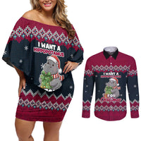 I Want A Hippopotamus Christmas Design Couples Matching Off Shoulder Short Dress and Long Sleeve Button Shirt Xmas Holiday Patterns - Wonder Print Shop