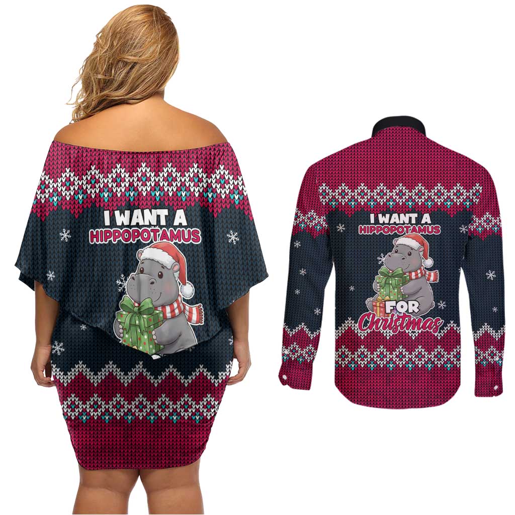 I Want A Hippopotamus Christmas Design Couples Matching Off Shoulder Short Dress and Long Sleeve Button Shirt Xmas Holiday Patterns - Wonder Print Shop