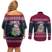 I Want A Hippopotamus Christmas Design Couples Matching Off Shoulder Short Dress and Long Sleeve Button Shirt Xmas Holiday Patterns - Wonder Print Shop