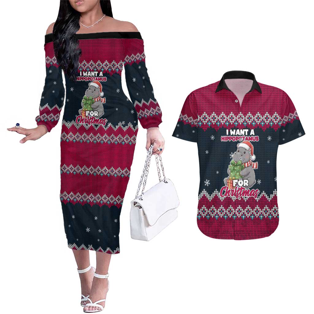 I Want A Hippopotamus Christmas Design Couples Matching Off The Shoulder Long Sleeve Dress and Hawaiian Shirt Xmas Holiday Patterns - Wonder Print Shop