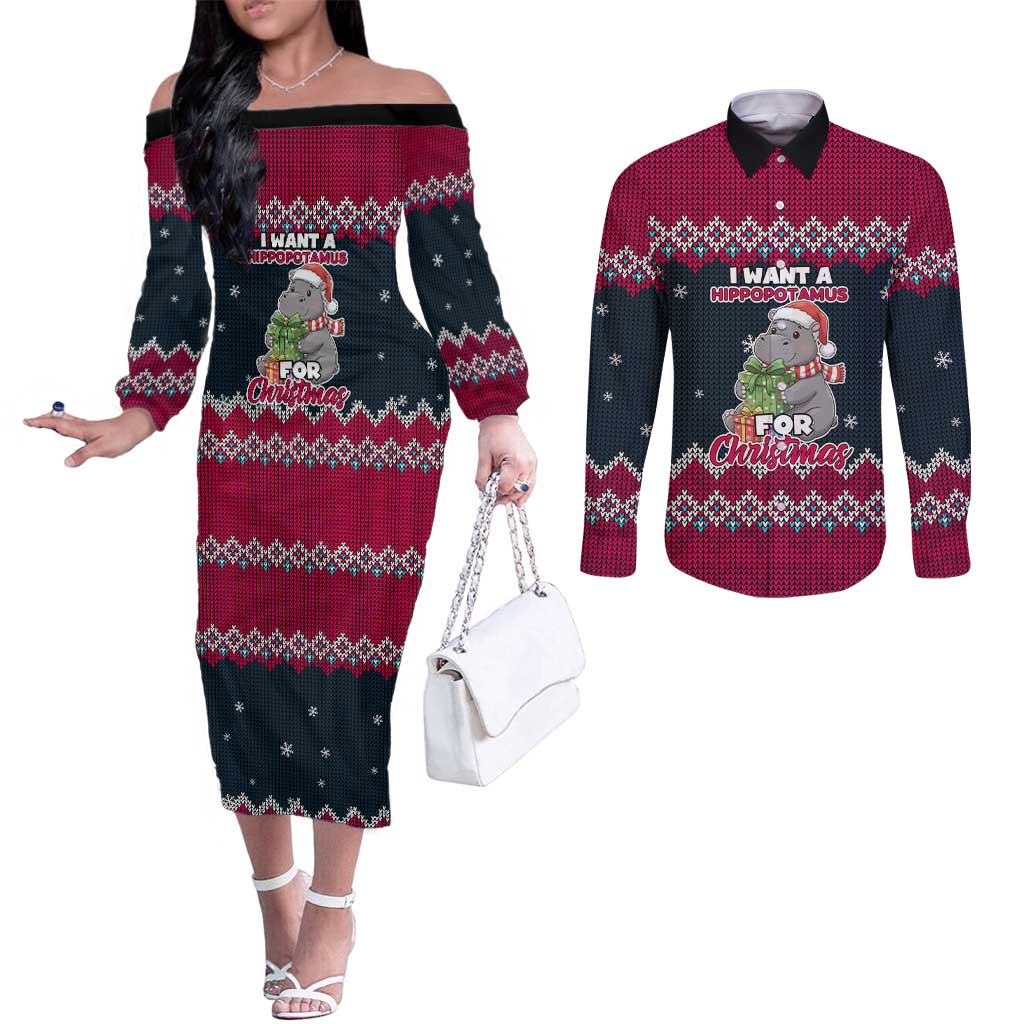 I Want A Hippopotamus Christmas Design Couples Matching Off The Shoulder Long Sleeve Dress and Long Sleeve Button Shirt Xmas Holiday Patterns - Wonder Print Shop