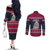 I Want A Hippopotamus Christmas Design Couples Matching Off The Shoulder Long Sleeve Dress and Long Sleeve Button Shirt Xmas Holiday Patterns - Wonder Print Shop