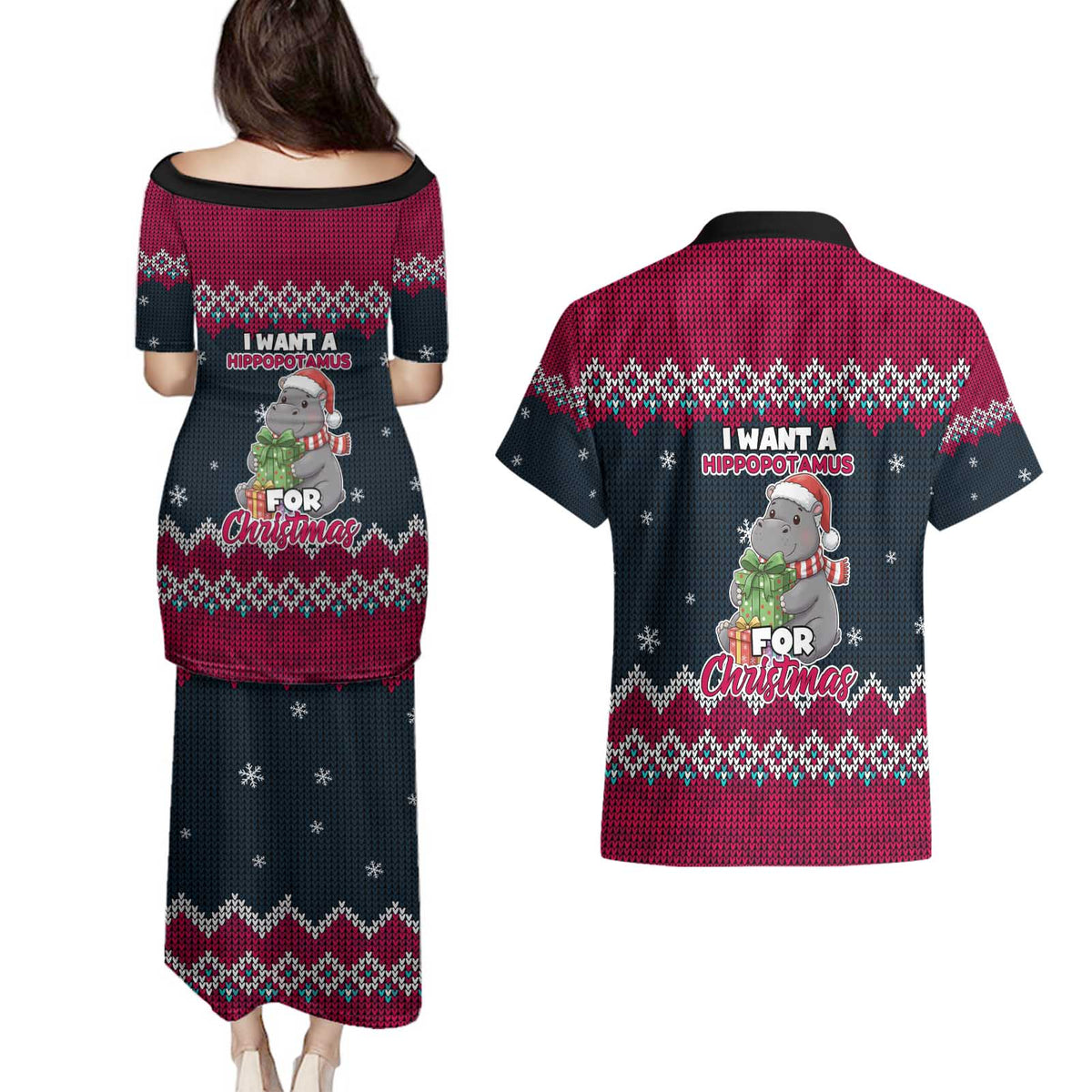 I Want A Hippopotamus Christmas Design Couples Matching Puletasi and Hawaiian Shirt Xmas Holiday Patterns - Wonder Print Shop