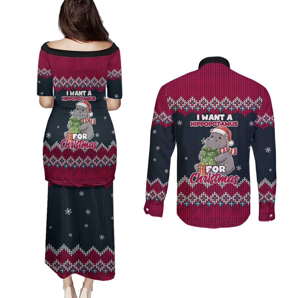 I Want A Hippopotamus Christmas Design Couples Matching Puletasi and Long Sleeve Button Shirt Xmas Holiday Patterns - Wonder Print Shop