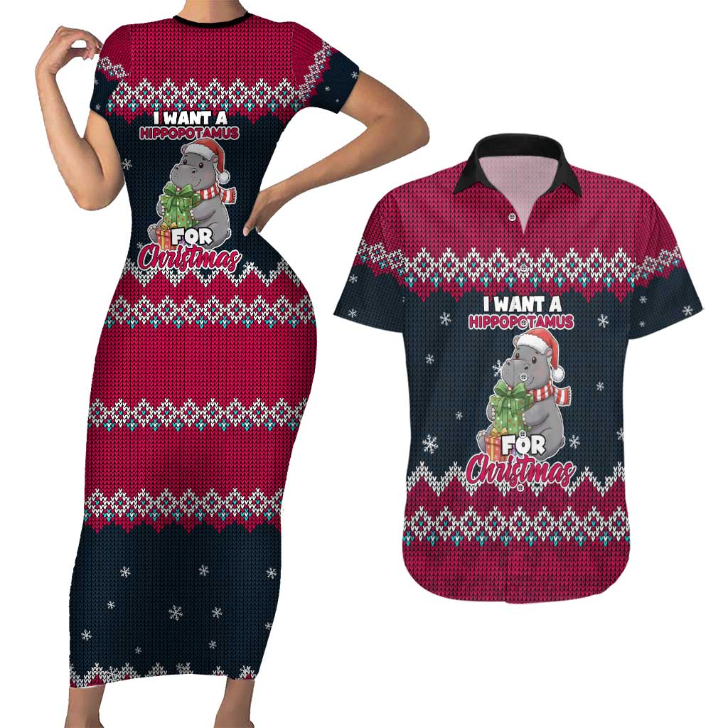 I Want A Hippopotamus Christmas Design Couples Matching Short Sleeve Bodycon Dress and Hawaiian Shirt Xmas Holiday Patterns - Wonder Print Shop