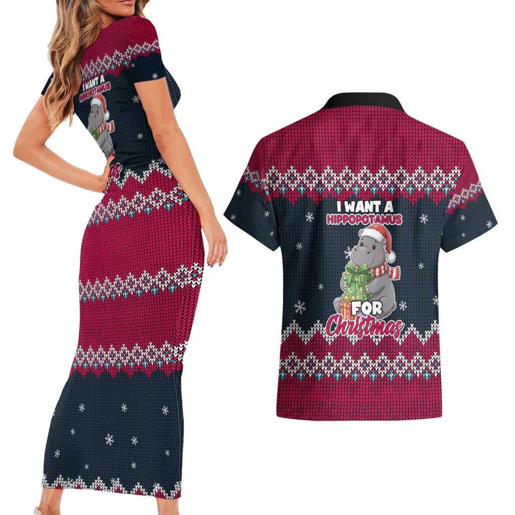 I Want A Hippopotamus Christmas Design Couples Matching Short Sleeve Bodycon Dress and Hawaiian Shirt Xmas Holiday Patterns - Wonder Print Shop