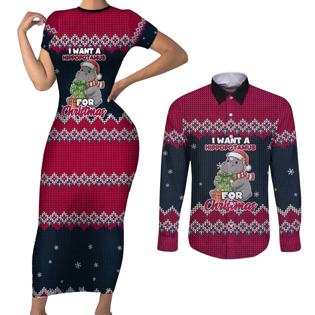 I Want A Hippopotamus Christmas Design Couples Matching Short Sleeve Bodycon Dress and Long Sleeve Button Shirt Xmas Holiday Patterns - Wonder Print Shop