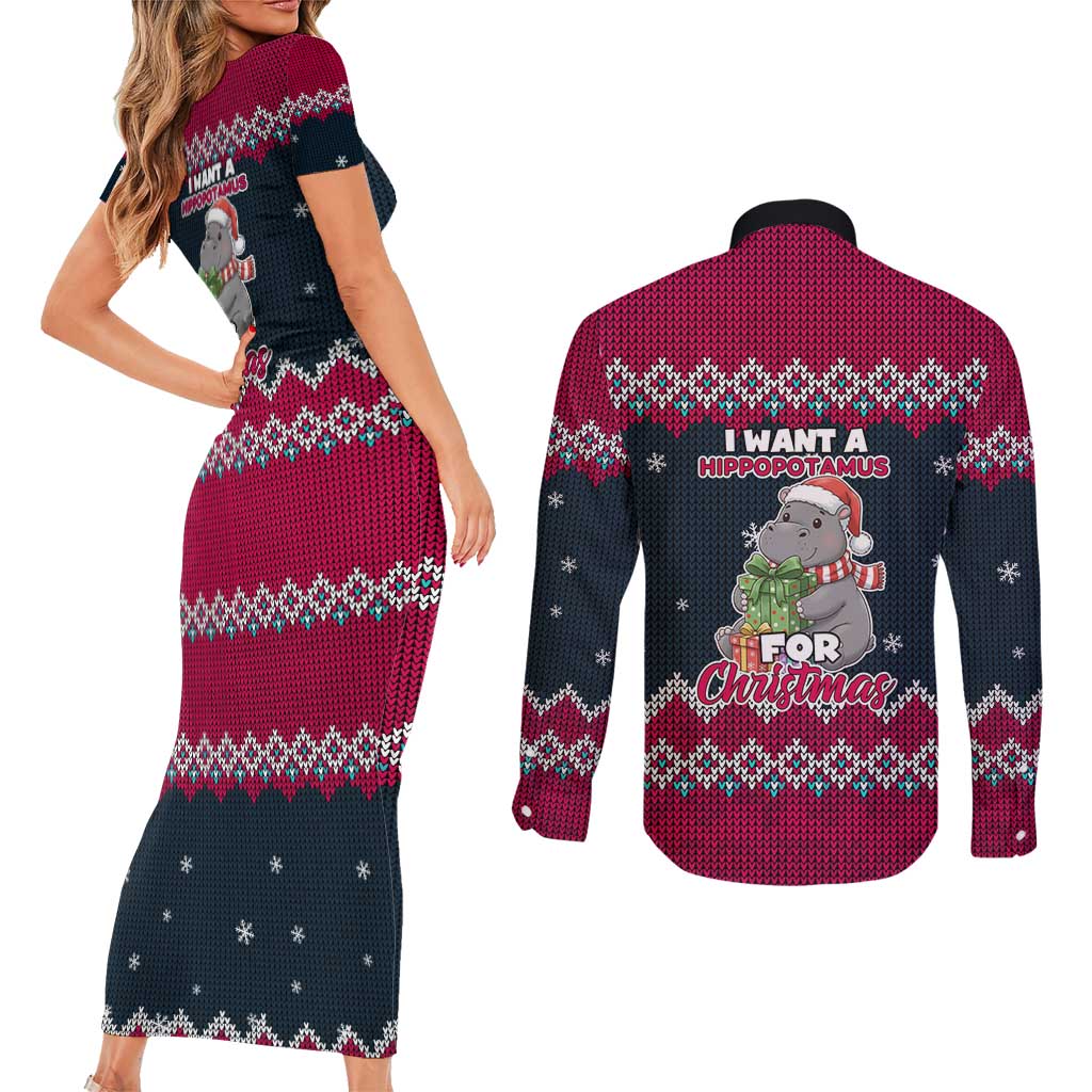 I Want A Hippopotamus Christmas Design Couples Matching Short Sleeve Bodycon Dress and Long Sleeve Button Shirt Xmas Holiday Patterns - Wonder Print Shop
