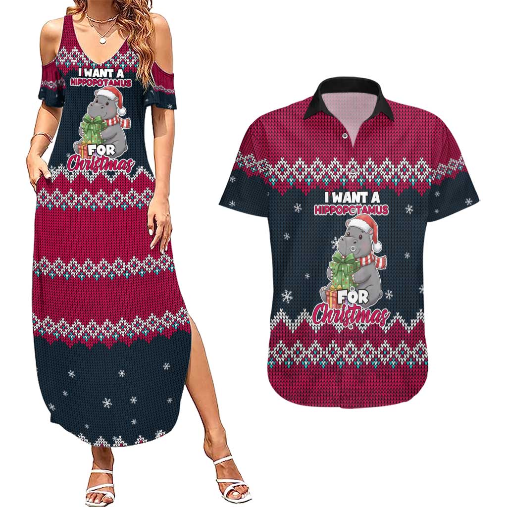 I Want A Hippopotamus Christmas Design Couples Matching Summer Maxi Dress and Hawaiian Shirt Xmas Holiday Patterns - Wonder Print Shop