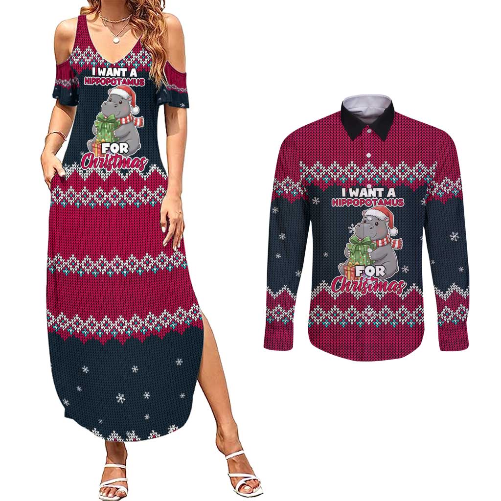 I Want A Hippopotamus Christmas Design Couples Matching Summer Maxi Dress and Long Sleeve Button Shirt Xmas Holiday Patterns - Wonder Print Shop